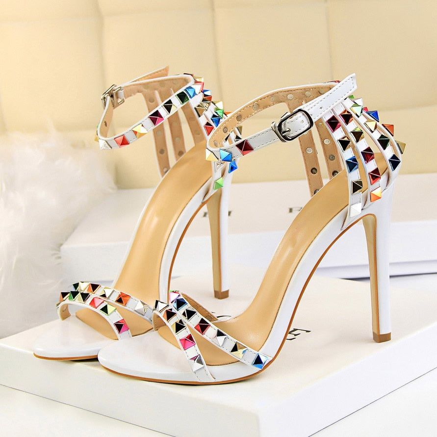 2023 Women 11cm High Heels Heels Rivets Studded Sandals Lady Sandles Stiletto Glossy Pumps Stripper Summer Fetish Strappy Shoes