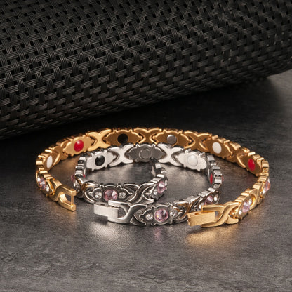 Magnetic Bracelet Women Pink Crystal Gold-color Stainless Steel Bracelet Women Cross Health Energy Magnetic Bracelets for Women