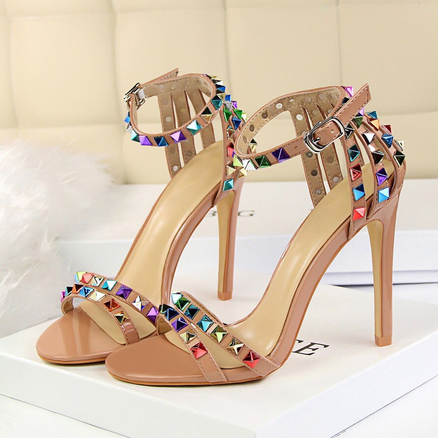 2023 Women 11cm High Heels Heels Rivets Studded Sandals Lady Sandles Stiletto Glossy Pumps Stripper Summer Fetish Strappy Shoes