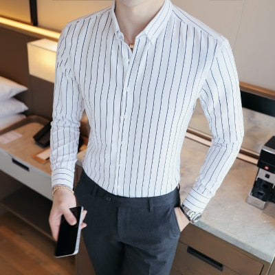 Cheap Business Men Shirt Brand Fashion 2023 Long Sleeve Shirt Men All Match Slim Fit Striped Shirts Men Formal Wear Blouse Homme