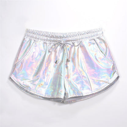 Women Shiny Metallic Hot Shorts Holographic Wet Look Casual Solid Elastic Drawstring Festival Rave Booty Shorts 2022 Summer New