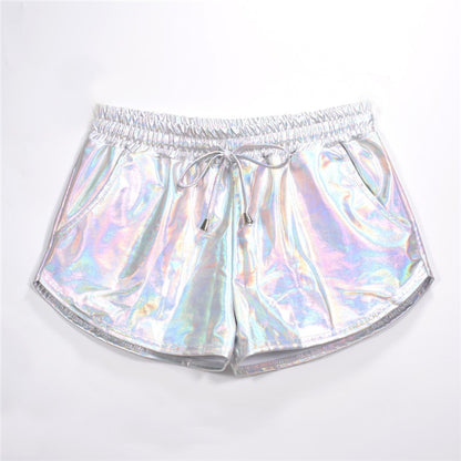 Women Shiny Metallic Hot Shorts Holographic Wet Look Casual Solid Elastic Drawstring Festival Rave Booty Shorts 2022 Summer New