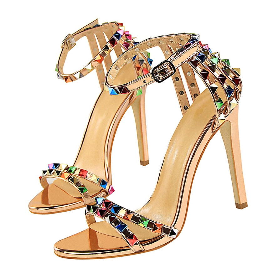 2023 Women 11cm High Heels Heels Rivets Studded Sandals Lady Sandles Stiletto Glossy Pumps Stripper Summer Fetish Strappy Shoes