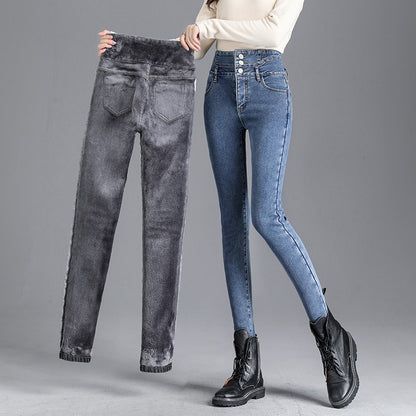 High-quality Winter Thick Fleece High-waist Warm Skinny Jeans Thick Women Stretch Button Pencil Pants Mom Casual Velvet Jeans