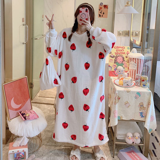 Robe Femme Night Wear Women Velvet Cute Cartoon Print Long Comfort Nightgown Loose Plus Size Winter Clothes Sleepwear Women