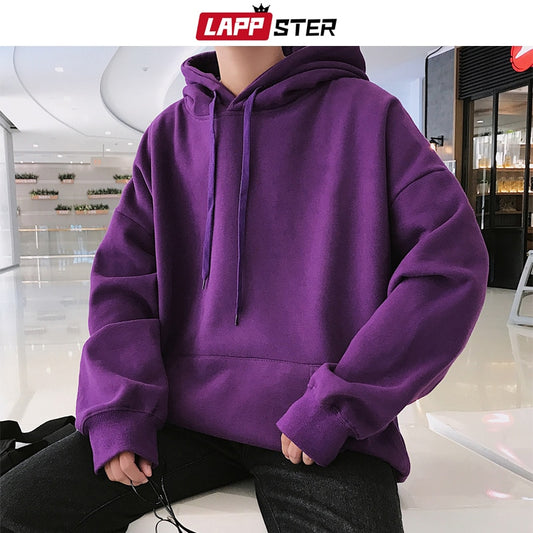 LAPPSTER Men Harajuku Colorful Streetwear Hoodies 2023 Autumn Mens Hip Hop Solid Hooded Sweatshirts Korean Fashions Black Hoodie