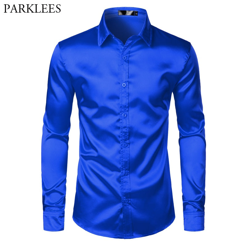 Royal Blue Silk Satin Shirt Men 2023 Luxury Brand New Slim Fit Mens Dress Shirts Wedding Party Casual Male Casual Shirt Chemise