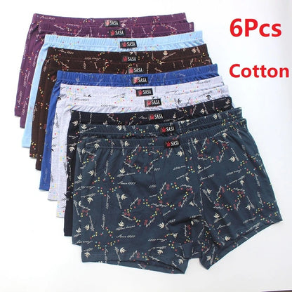 6Pcs/Lot Men&#39;S Underwear Boxer Shorts Cotton Plus Size Loose Breathable Mid-Waist Print Sexy Middle-Aged Men&#39;S Shorts