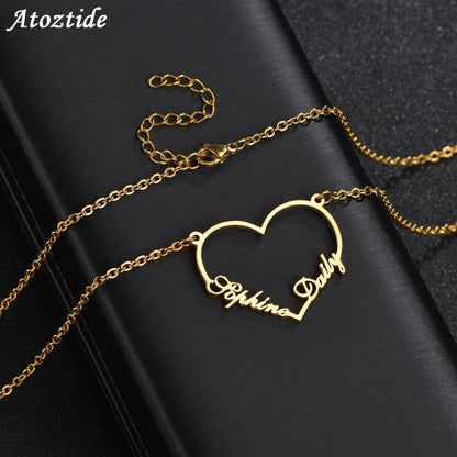 Atoztide 2022 New Custom Fashion Stainless Steel 2 Name Heart Necklace Letter Gold Color Choker Necklace Pendant Nameplate Gift