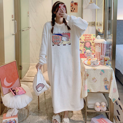 Robe Femme Night Wear Women Velvet Cute Cartoon Print Long Comfort Nightgown Loose Plus Size Winter Clothes Sleepwear Women