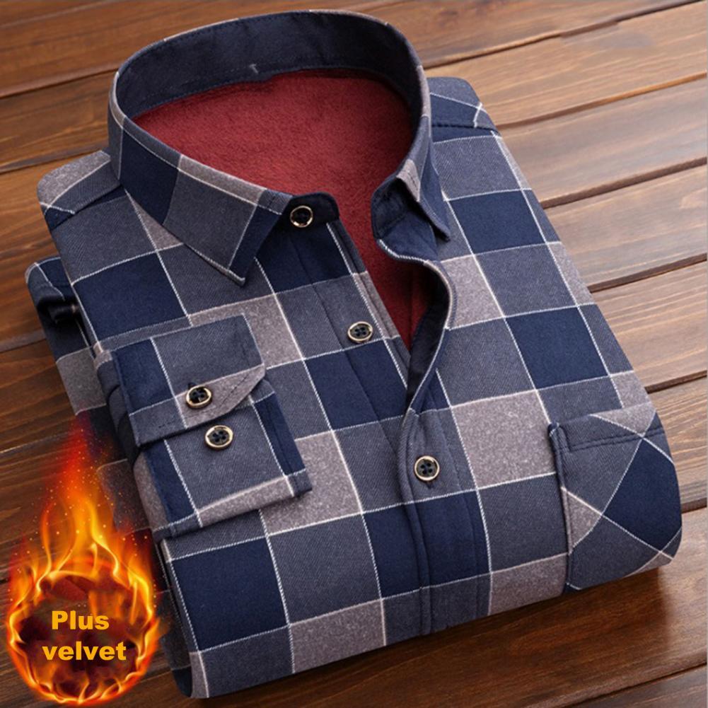 Men Autumn Shirt Slim Great Turn-down Collar Plaid Thicken Warm Lapel Formal Shirt