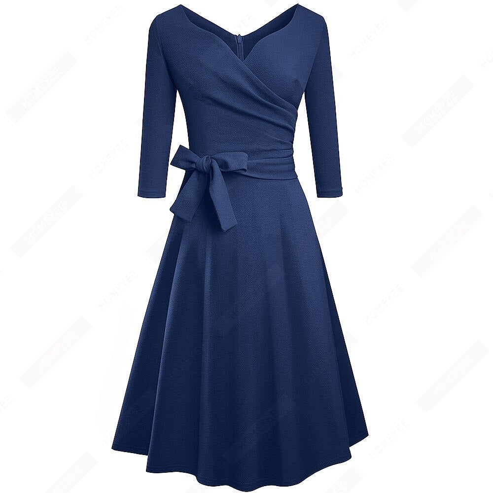 Women Classic Vintage Sexy V Neck Bow Party Casual Elegant Charming A Line Dress EA240