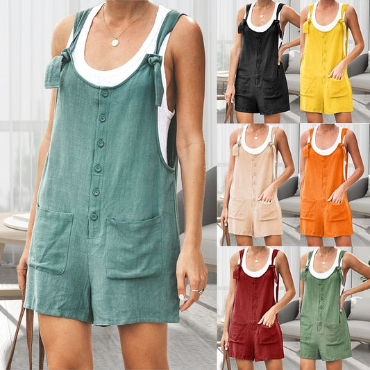 Women Jumsuit Cotton Linen Rompers Solid Button Pocket Summer Short Jumpsuit Casual Loose Straps Playsuit Overalls Short Pants