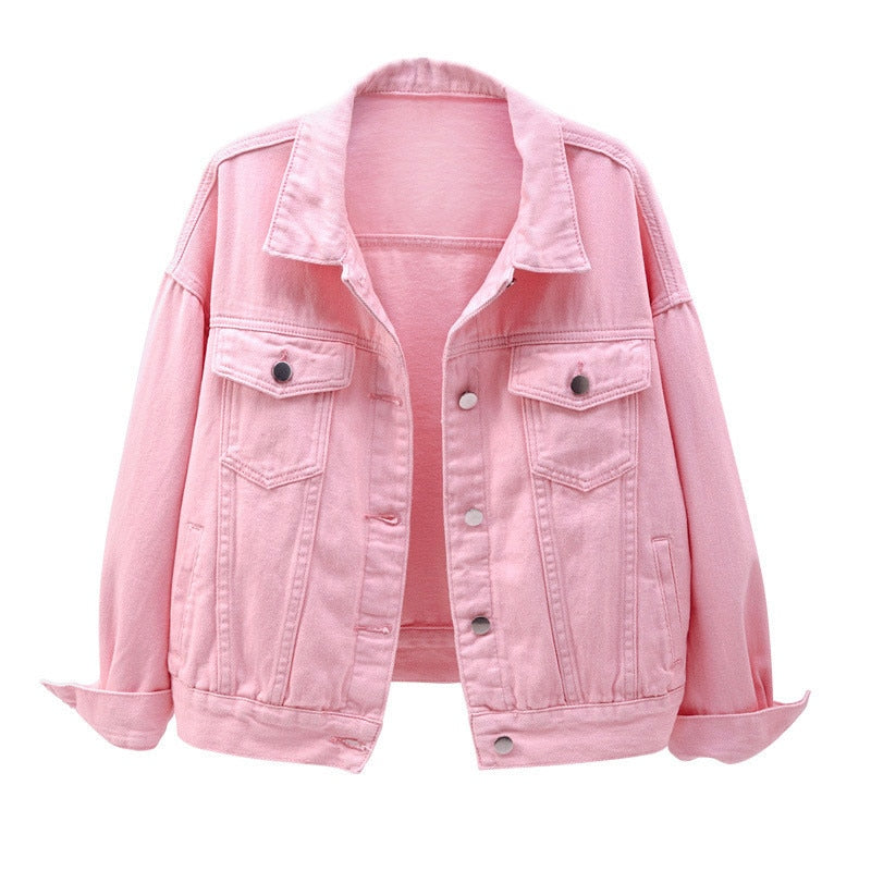 Women&#39;s Denim Jacket Spring Autumn Short Coat Pink Jean Jackets Casual Tops Purple Yellow White Loose Tops Lady Outerwear KW02