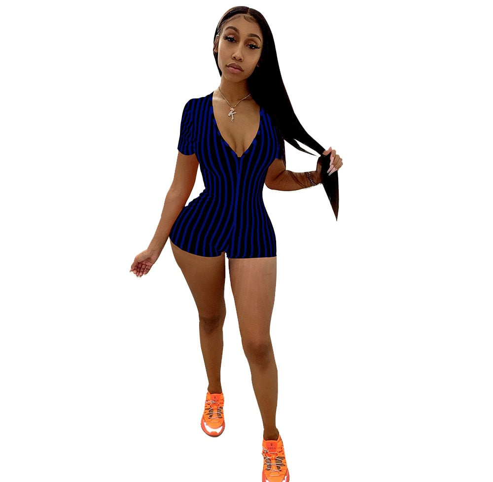 Ladies Summer Bodysuit Playsuit Striped Short Sleeve V-neck Zipper Bodycons Jumsuits Clubwear Adult Women Print Sexy Lingerie