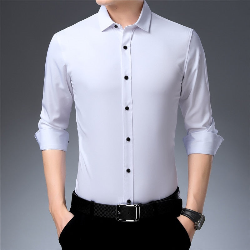 Anti-Wrinkle No-Ironing Elasticity Slim Fit Men Dress Casual Long Sleeved Shirt White Black Blue Red Male Social Formal Shirts