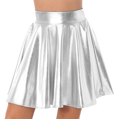 Metallic Shiny Pleated Skirts Womens High Waist Shiny Holographic Flared Rave Dance Bottoms Clubwear Mini Party Skater Skirt