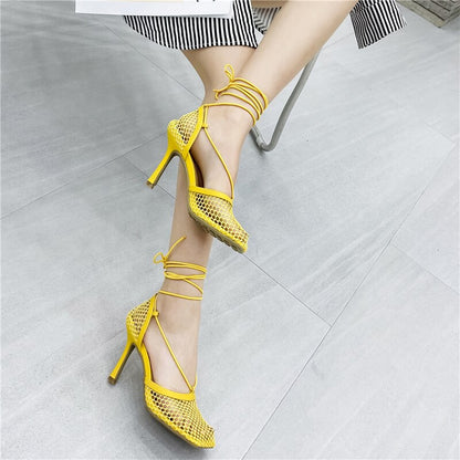 2023 Women Summer Sandals 10cm High Heels Female Square Toe Roman Casual Cross Toe Sandles Yellow Green Mesh Strap Pleaser Shoes