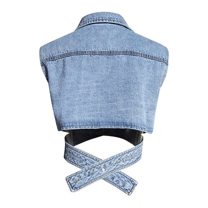 TWOTWINSTYLE Irregular Cross Denim Coat For Women High Waist Hollow Out Casual Short Tops Female 2020 Summer Fashion New Style