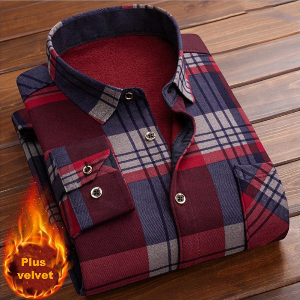 Men Autumn Shirt Slim Great Turn-down Collar Plaid Thicken Warm Lapel Formal Shirt