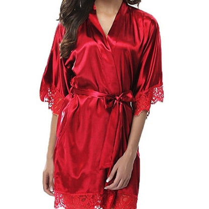 New Women Night Gown Robe Lace Bathrobe Nightgown Halt Sleeve Night Mini Dress Lace Sexy Sleepwear Dresses With Belt