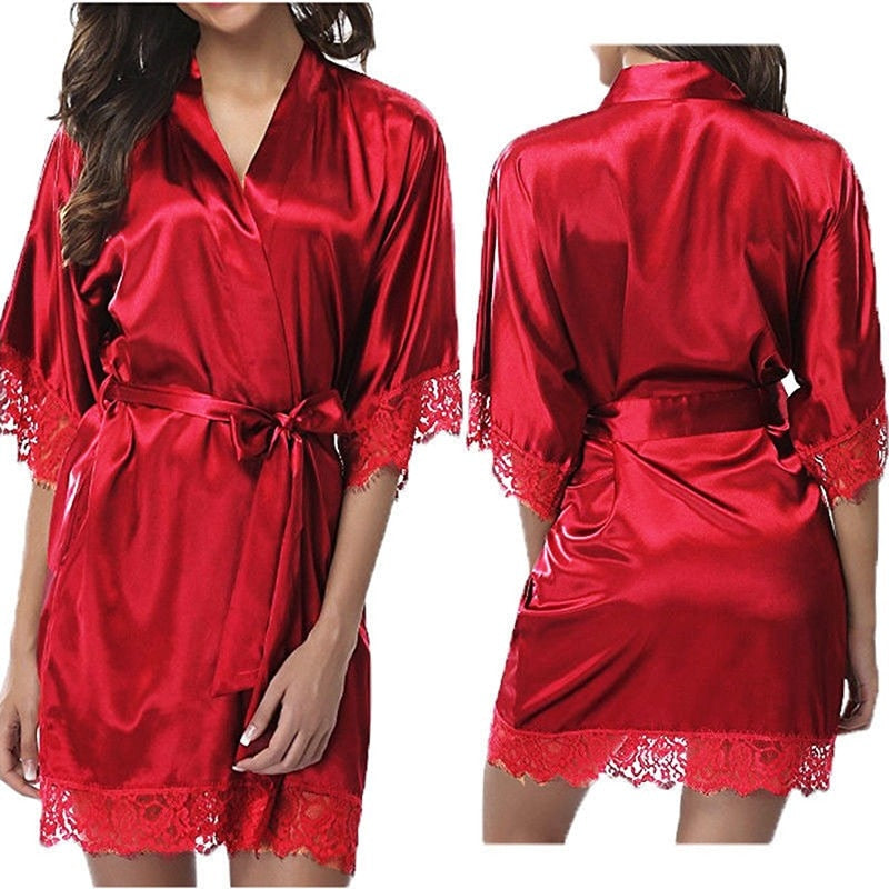 New Women Night Gown Robe Lace Bathrobe Nightgown Halt Sleeve Night Mini Dress Lace Sexy Sleepwear Dresses With Belt