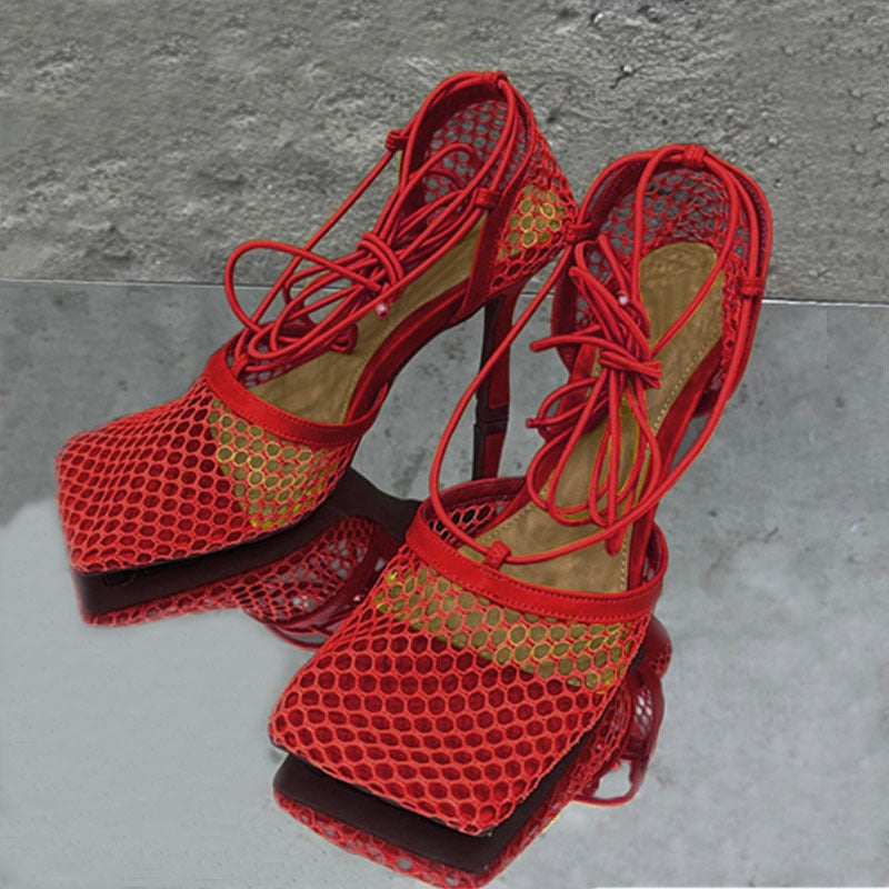 2023 Women Summer Sandals 10cm High Heels Female Square Toe Roman Casual Cross Toe Sandles Yellow Green Mesh Strap Pleaser Shoes