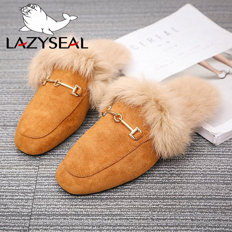 LazySeal Fur Women Slides Ladies Black Outdoor Female Shoes Slides Summer Winter 100% Real Rabbit Hair Designer Spring Footwear