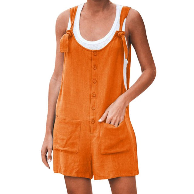 Women Jumsuit Cotton Linen Rompers Solid Button Pocket Summer Short Jumpsuit Casual Loose Straps Playsuit Overalls Short Pants