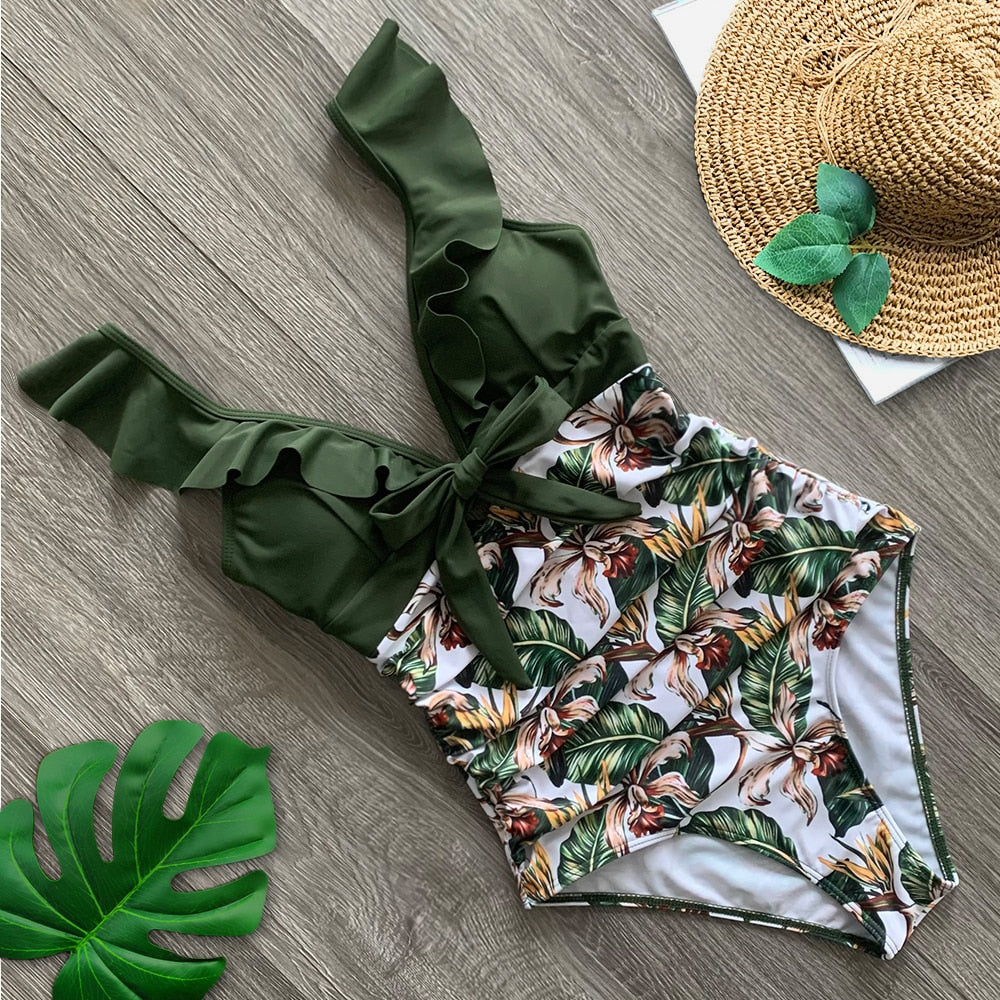 2020 Sexy New Ruffle One Piece Swimsuit Off The Shoulder Swimwear Women Swimsuit Deep-V Bathing Suits Beach Wear Swim Suit