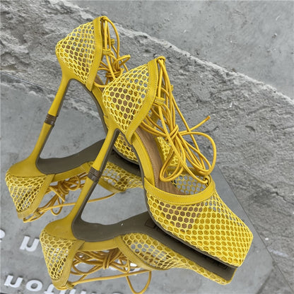 2023 Women Summer Sandals 10cm High Heels Female Square Toe Roman Casual Cross Toe Sandles Yellow Green Mesh Strap Pleaser Shoes