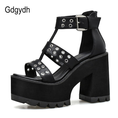 Gdgydh Sexy Rivet Shoes Women For Party Rock Style Blakc Block Heel Platform Sandals Women Back Zipper Summer Footwear Gladiator