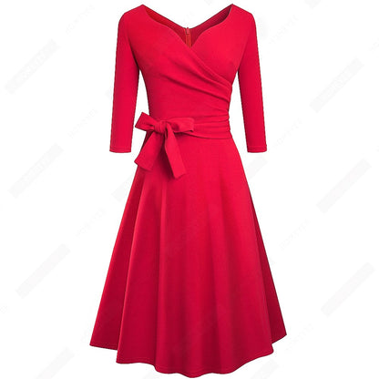 Women Classic Vintage Sexy V Neck Bow Party Casual Elegant Charming A Line Dress EA240