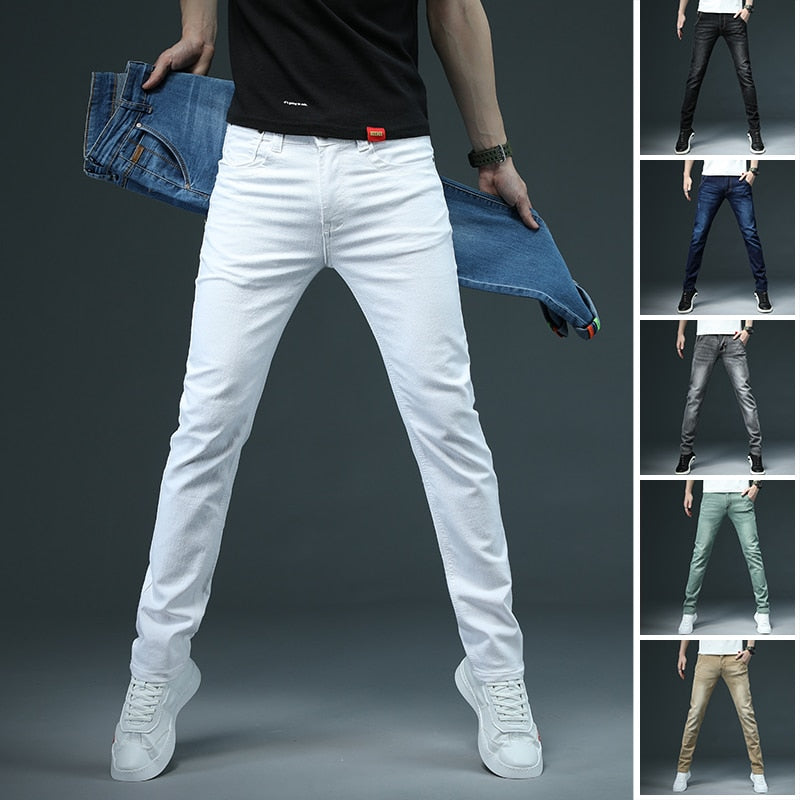 2022 New Men&#39;s Skinny White Jeans Fashion Casual Elastic Cotton Slim Denim Pants Male Brand Clothing Black Gray Khaki