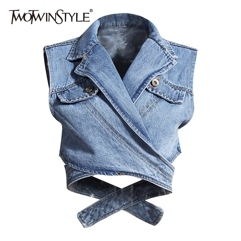 TWOTWINSTYLE Irregular Cross Denim Coat For Women High Waist Hollow Out Casual Short Tops Female 2020 Summer Fashion New Style