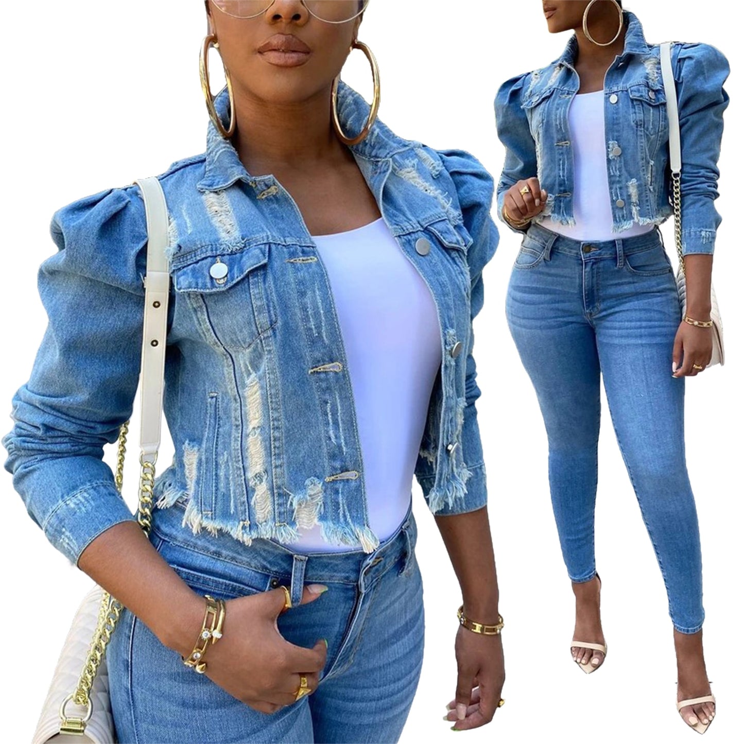 Y2k Women&#39;s Ripped Denim Jacket Casual Long Puff Sleeve Button Down Cropped Jean Coats for Fall