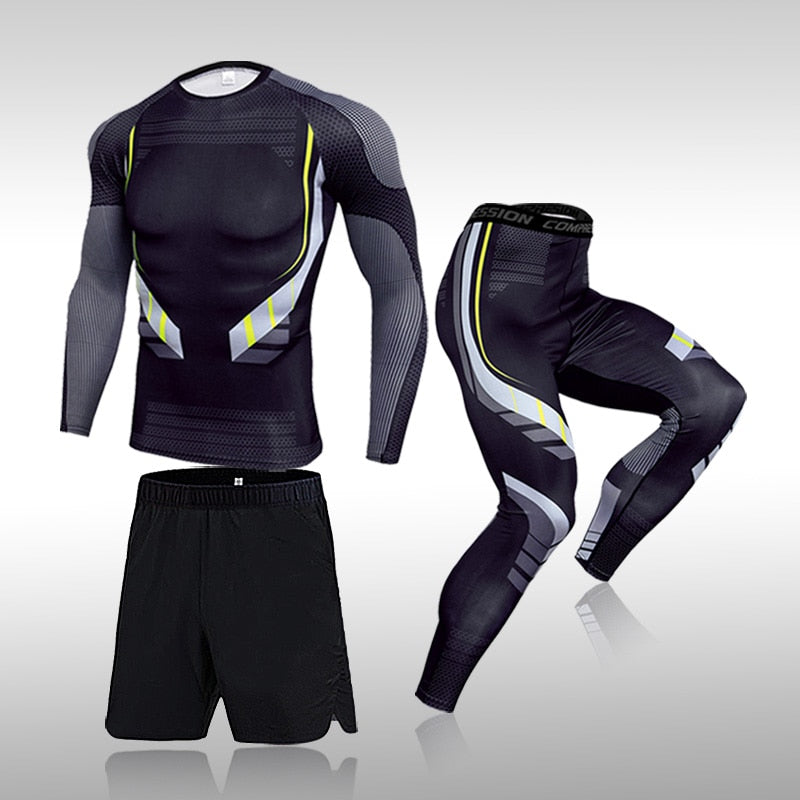 3 Pcs Set Men&#39;s Workout Sports Suit Gym Fitness Compression Clothes Running Jogging Sport Wear Exercise Rashguard Men