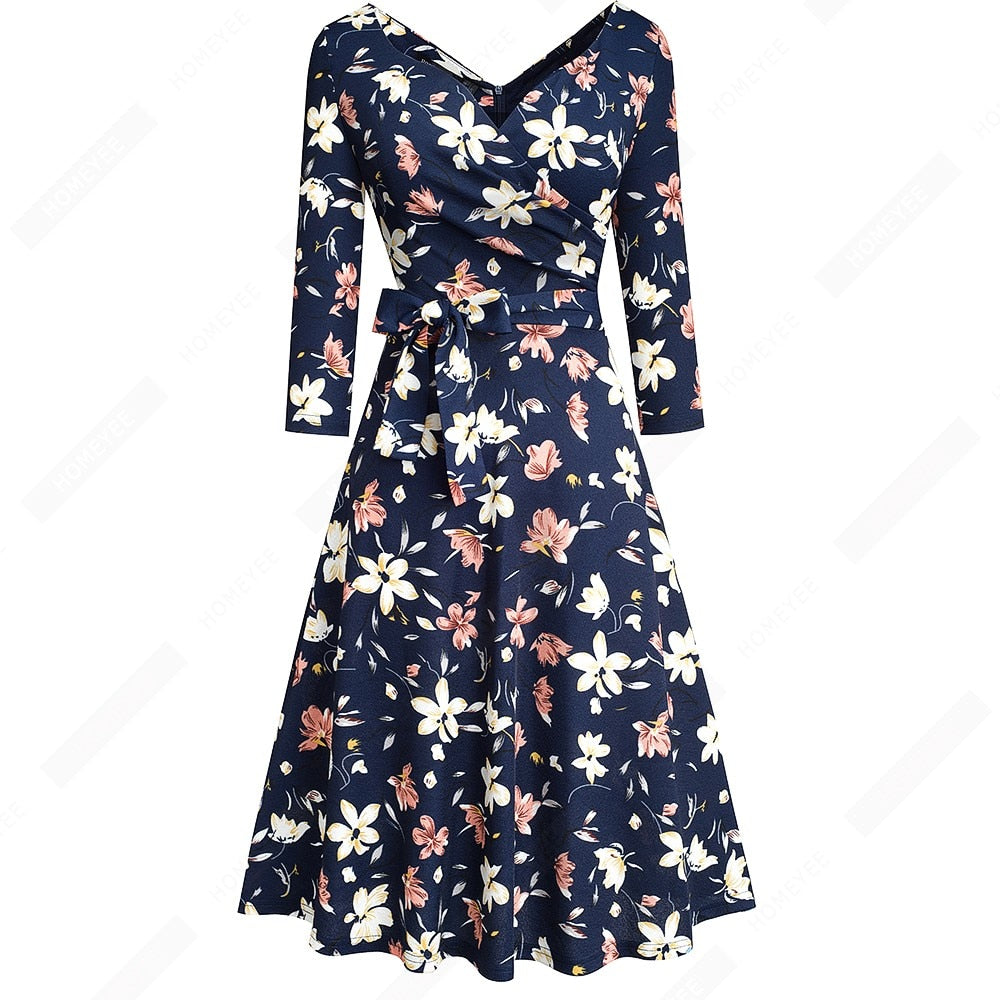 Women Classic Vintage Sexy V Neck Bow Party Casual Elegant Charming A Line Dress EA240