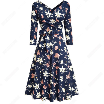 Women Classic Vintage Sexy V Neck Bow Party Casual Elegant Charming A Line Dress EA240