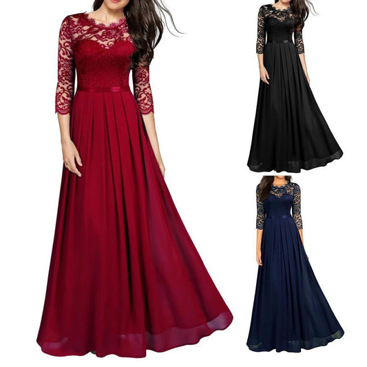 Hot Sales Stitching Lace Hollow Women Dress Pleated Large Hem O Neck 3/4 Sleeve A-Line Long Dress Ladies Clothing