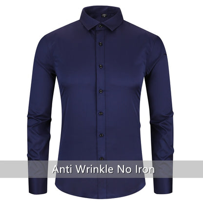 Anti-Wrinkle No-Ironing Elasticity Slim Fit Men Dress Casual Long Sleeved Shirt White Black Blue Red Male Social Formal Shirts