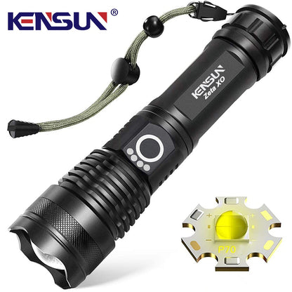 KENSUN High Power XHP70 Rechargeable Led Flashlight 4 Core Torch Zoom Usb Hand Lantern For Camping, Outdoor &amp; Emergency Use ﻿