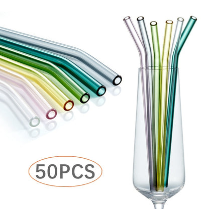 50Pcs/lot Colorful Glass Straw Reusable Drinking Straws Set with Cleaning Brush Wine Cocktail Glass for Party Favors Bar Drinks