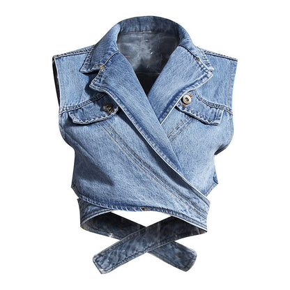 TWOTWINSTYLE Irregular Cross Denim Coat For Women High Waist Hollow Out Casual Short Tops Female 2020 Summer Fashion New Style