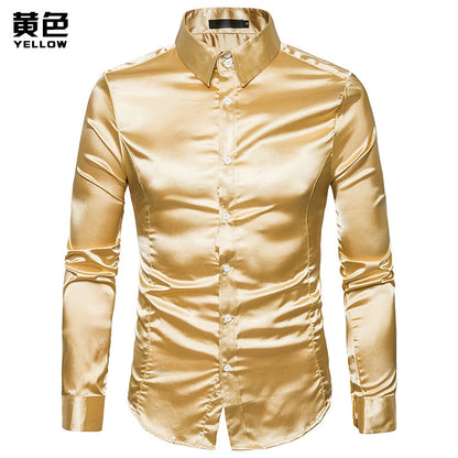 Plus size S-XXL Men Shirt Silk Satin Smooth Men Solid Tuxedo Business Shirt Men Casual Slim Fit Shiny Gold Wedding Dress Shirts