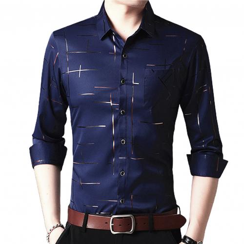 Slim Men Shirt Dress Long Sleeve Turn Down Collar Stripes Single-breasted Polo Business Shirt Top