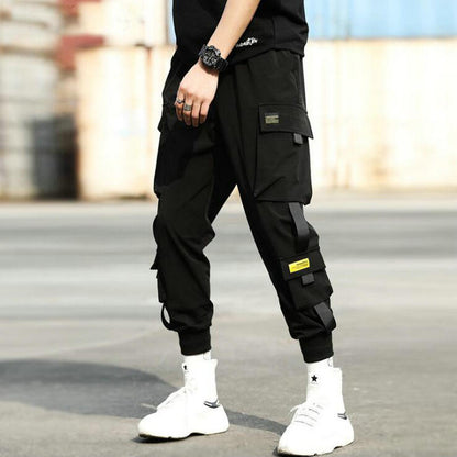 Streetwear Hip Hop Black Harem Pants Men Elastic Waist Punk Pants With Ribbons Casual Slim Jogger Pants Men Hip Hop Trousers