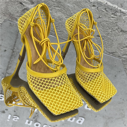 2023 Women Summer Sandals 10cm High Heels Female Square Toe Roman Casual Cross Toe Sandles Yellow Green Mesh Strap Pleaser Shoes