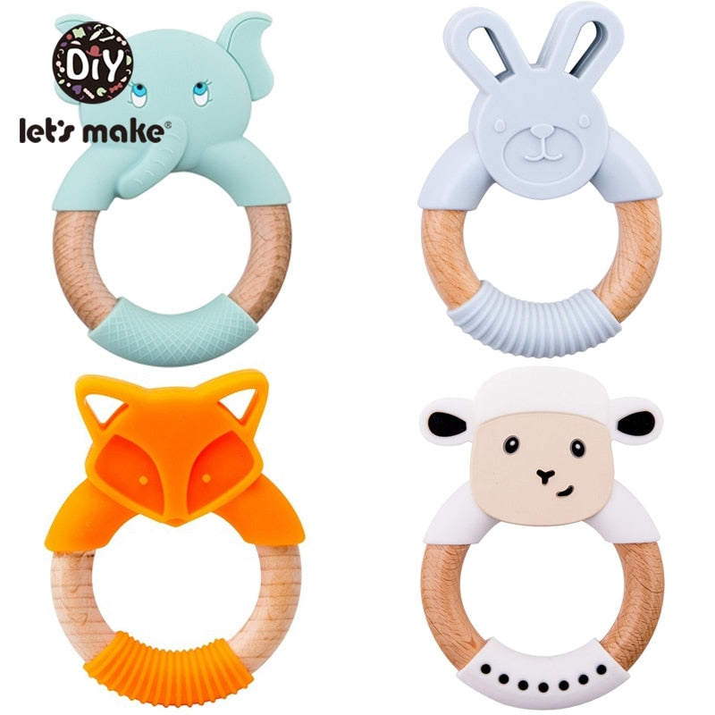 Let&#39;s Make 1pc Baby Toys Silicone Baby Teether Beech Wooden Ring Hand Teething Rattles Musical Chew Play Gym Montessori Stroller