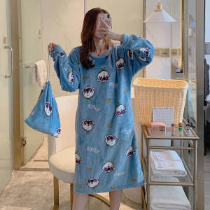 Robe Femme Night Wear Women Velvet Cute Cartoon Print Long Comfort Nightgown Loose Plus Size Winter Clothes Sleepwear Women